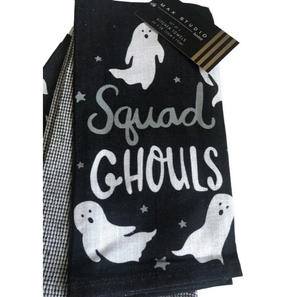 Max Studio Halloween Kitchen Dish Towels Squad Ghouls Black White Ghost Set of 3